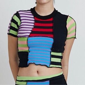 The Ragged Priest Multicolor Striped Patchwork Crop Top